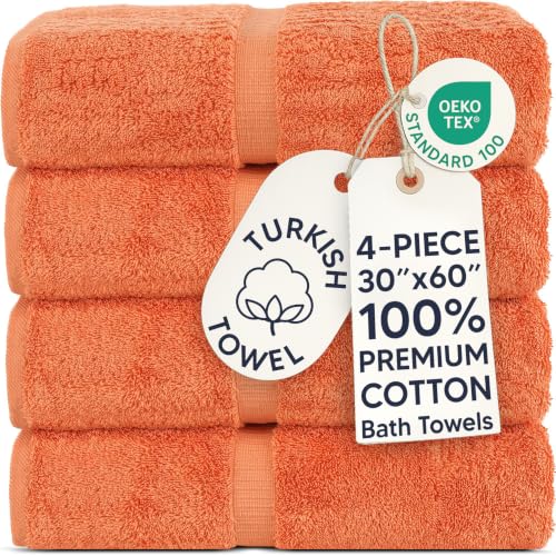 Chakir Turkish Linens 100% Cotton Premium Turkish Towels for Bathroom - 30'' x 60'' Large Bath Towels (4 Piece, Coral)
