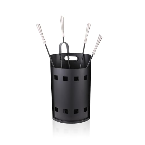 Relaxdays 5-Piece Fireplace Tool Set with Bucket – Poker, Ash Shovel, Brush, Tongs – 63x25x15cm, Black/Silver