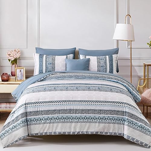 Cottolester Boho Comforter Set Queen Size Light Blue Comforter Set 8 Piece Bed in a Bag Paisley Floral Bedding Sets All Season