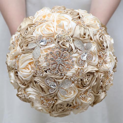 "Mhojpik Handmade Wedding Flowers Bouquet Round Holding Bridal Bouquet Toss Artificial Rose Bunch for Bride Bridesmaid Wedding Quinceanera (Cream & Camel Brown, 7.5"")"