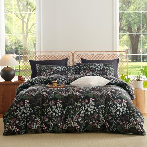 CCoutueChen Floral Duvet Cover Queen 3 Pieces Elegant Flower Bedding Set Farmhosue Aesthetic Bedding Soft Microfiber Black Duvet Cover Set with 2 Pillowcases