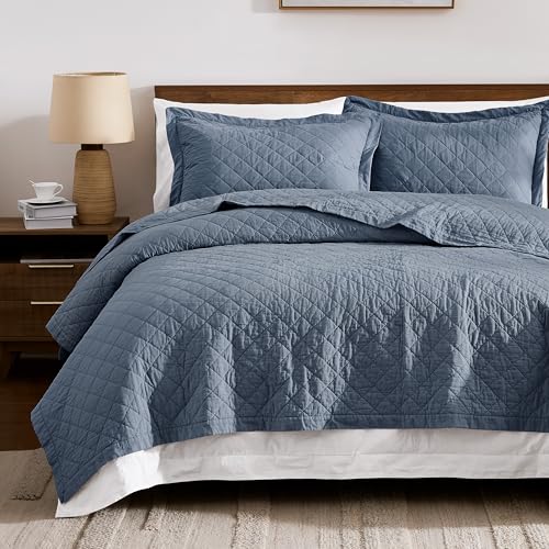 WDCOZY 100% Pre-Washed Cotton Oversized King Size Quilt Set - Blue California Cal King Soft Lightweight Bedspread, Textured Like Linen, Farmhouse Country Rustic Coverlet, Diamond Stitch Bedding