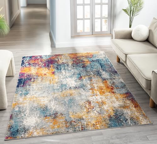 Rugs by Desire San Marino Modern Living Room Area Rug – Cut Pile Weaving - Jute Backing Abstract - Floral - Traditional Design Low Pile Rug, Multi Coloured, 120x170 cm