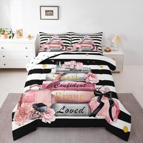 Erosebridal Pink Fashion Queen Comforter Set for Girls Kids Girly Modern Inspirational Quotes Bedding Set Women Abstract Black White Stripes Bed Set Magazine Books Floral Perfume Makeup Duvet Insert