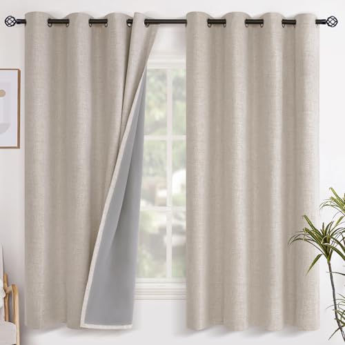 YoungsTex Oatmeal Linen Blackout Curtains for Bedroom 63 Inch Length - Room Darkening Window Drapes Heat Blocking for Living Room Thermal Insulated with Grommet, 2 Panels, 52 X 63 Inch