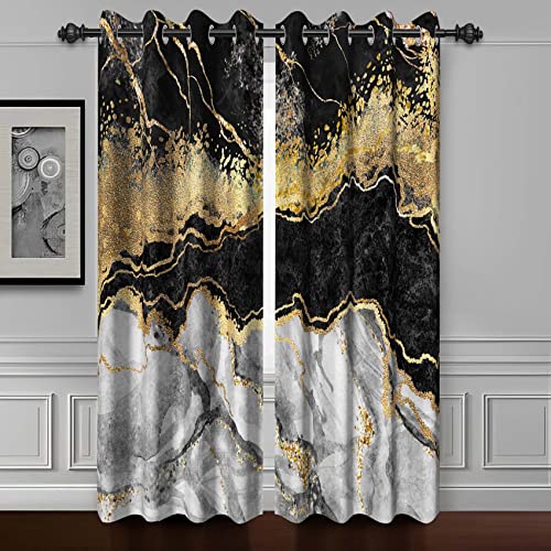 Baocicco Black Gold Marble Window Curtains - Bedroom & Living Room Modern Luxury Blackout Drapes with Grommets - 2 Panels, 26x63 Inch