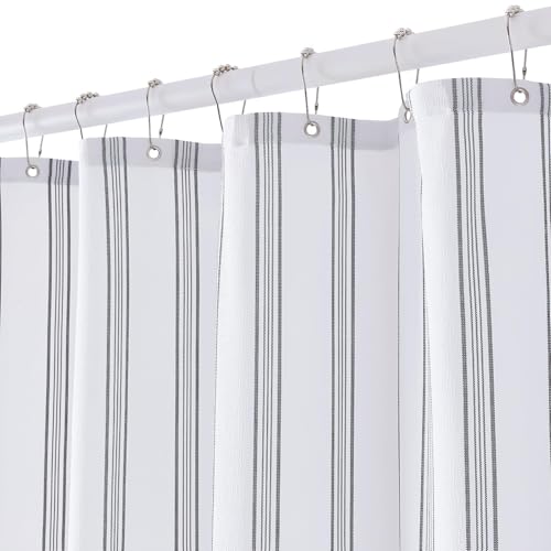 ORTIGIA Textured Fabric Shower Curtain-Black Striped, 72x84 Inch Seersucker Structure Bathroom Curtain with 12 Metal Hooks, Black and White Striped Shower Curtain for Farmhouse Bathrooms