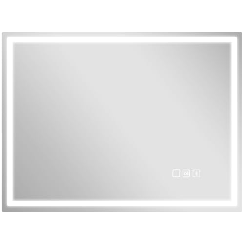 HOMCOM 600 x 800 mm Bluetooth LED Bathroom Mirror Illuminated Backlit - Vanity Mirror, 3 Colours Dimmable, Clock, Anti-Fog, Memory Function, Touch Sensor, IP44