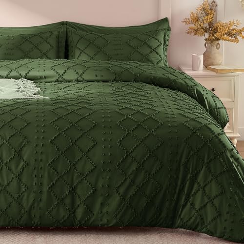 VACVELT 5PCS Olive Green Boho Tufted Duvet Cover King Size, Zipper & Ties - Premium Microfiber Duvet Set, Soft & Breathable, 2 Tufted & 2 Envelope Pillowcases, Fade & Shrink Resistant, Machine Washable