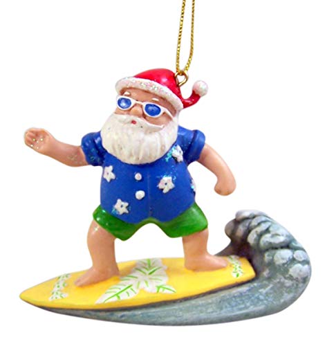 Cast Resin Painted Surfing Santa Claus Hanging Christmas Tree Ornament, 3 1/2 Inch
