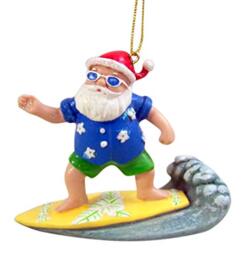 Cast Resin Painted Surfing Santa Claus Hanging Christmas Tree Ornament, 3 1/2 Inch