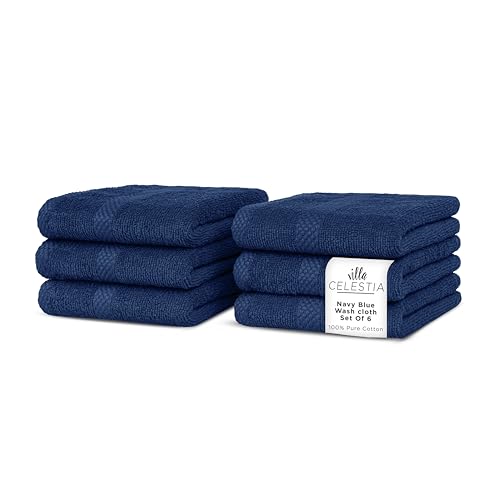 Villa Celestia Cotton Washcloths Set of 6, 12x12 Inch, 100% Ring-Spun Combed Cotton, Soft Absorbent Quick-Dry Wash Cloths for Face and Body, Oeko-TEX Certified, Hotel & Spa Quality, Navy Blue