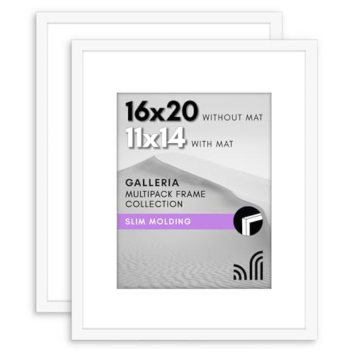 Americanflat 16x20 Picture Frame with Polished Plexiglass - Set of 2 - Use as 11x14 Frame with Mat or 16x20 Frame Without Mat - Galleria Collection - Photo Frames for Wall Display - White