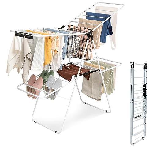 COSTWAY Foldable Clothes Airer, 2-Stage, Clothes Dryer with Height-Adjustable Wings & Non-Slip Feet, Wing Clothes Dryer Steel Frame, Wing Clothes Airer, Stand Dryer, White
