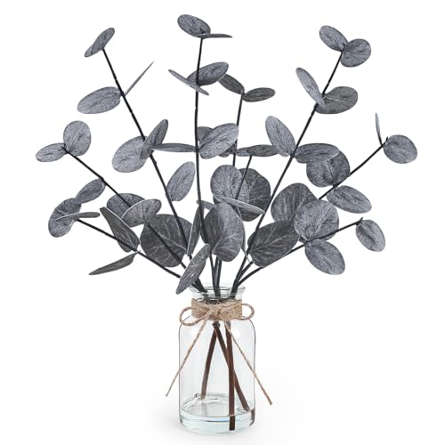 "Bessol Artificial Eucalyptus Stems in Glass Vase with Faux Water, 14"" Fake Plants for Home Decor, Coffee Table Centerpieces, Office, Bathroom & Farmhouse Weddings - Faux Plants Decorations"