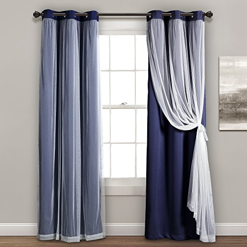 "Lush Decor Sheer Grommet Curtains Panel with Insulated Blackout Lining, Room Darkening Window Curtain Set (Pair), 38"" W x 84"" L, Navy"