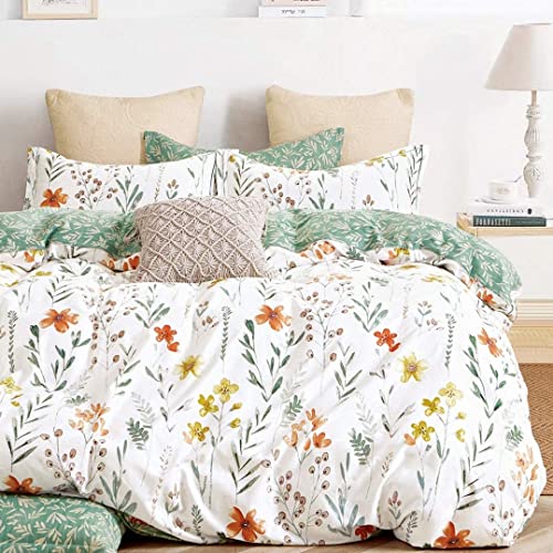 SLEEPBELLA King Size Comforter Set Yellow Flowers & Green Botanical Pattern Printed on White 100% Cotton Fabric, Ultra Soft Microfiber Inner Fill 3Pcs Bedding Set