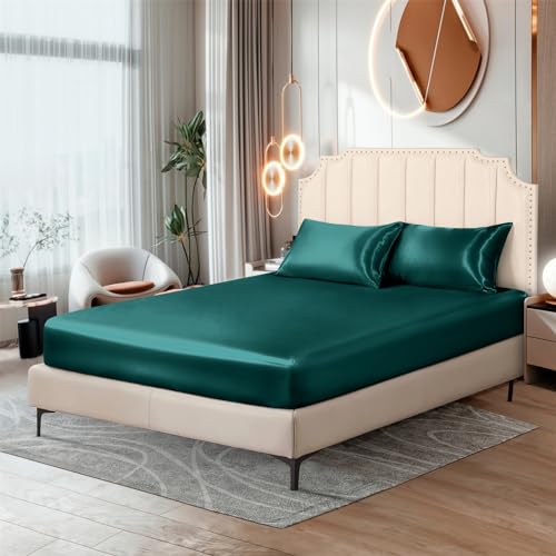 Ersmak Silk Satin Fitted Sheet, Soft Deep Pocket Bottom Luxury Queen Fitted Sheet, Wrinkle Free, Breathable, Fade Resistant - Teal