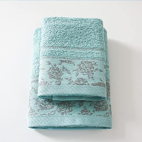 Jenny Sesal Ada Set 1+1 Jacquard Towels with Frill, Set of Two Bath Towels Face and Guest Size: Face: 50 x 100 cm, Guest 38 x 58 cm, 100% Cotton, Soft to the Touch (Verdino)