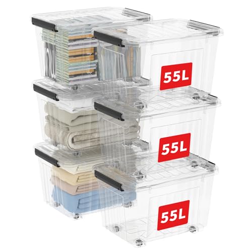 Cetomo 55L*6 Plastic Storage Boxes with Wheels, Lidded Storage Box with Secure Side Latches, PP Nestable and Stackable Clear Organizer for Home, Office, Moving, Transparent, 55L-6 Pack