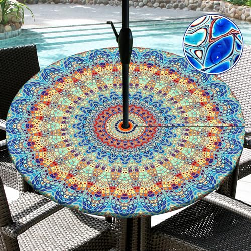 Outdoor Tablecloth with Umbrella Hole Waterproof Polyester Round Fitted Tablecloth with Elastic Zippered Table Cloth Round Cover for Picnic, Party (Blue, S-(36''-44''))