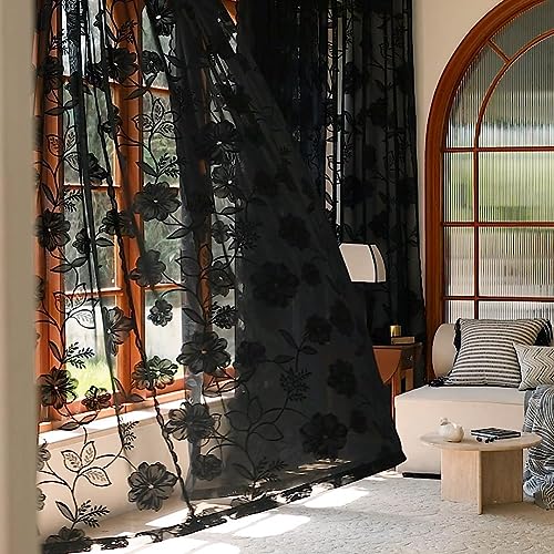 "Treatmentex Black Lace Sheer Curtains for Bedroom Living Room 95 Inch Length Light Filtering Floral Knitted Semi Sheer Window Curtains Elegant French Lace Curtains 54"" w Pocket 8ft"