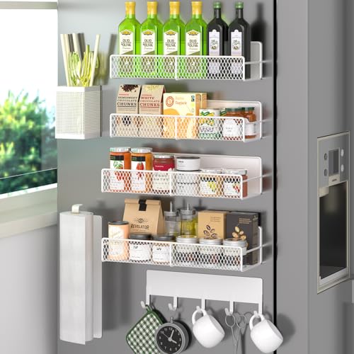 7 Pack Metal Spice Rack for Refrigerator, Moveable Organizer with Hook Rack, Paper Towel Holder, Strong Magnetic Storage