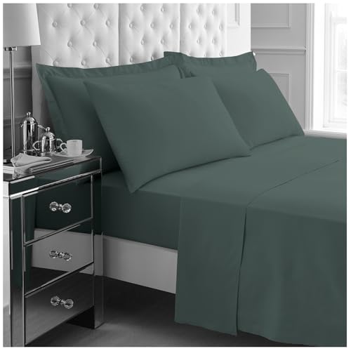 GC GAVENO CAVAILIA Kingsize Bed Sheet Set 4Pieces - 1x Fitted Sheet, 1x Flat Sheet & 2x Pillowcases 50x75 - Lightweight & Easy Care - Fitted Sheet Set Supersoft Polyester Bedding - Dark Green