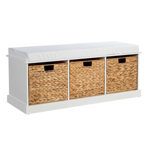 Home Source Hallway Shoe Storage Wooden Bench, 3 Water Hyacinth Basket Drawers, Cushioned Padded Seat, White