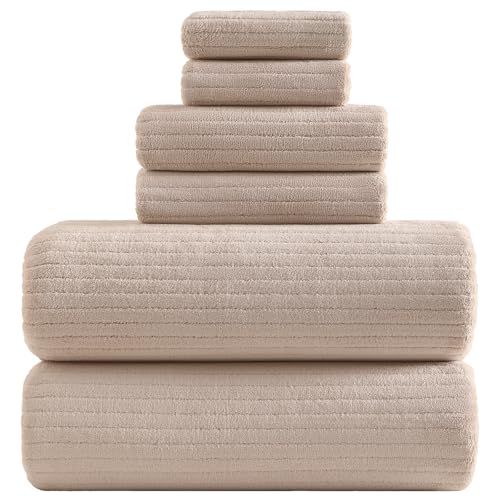 YTYC 39x78 Bath Sheets Extra Large Bath Towels Set Super Soft Absorbent Striped Microfiber Oversized Bathroom Towels Hanging Loop(Beige,6 PCS)