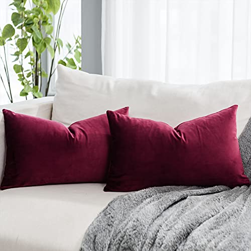 QUAFOO Christmas Burgundy Soft Lumbar Velvet Throw Pillow Covers 16x24 inch Set of 2 for Sofa Couch Bed Living Room Decorative Luxury Solid Rectangle Cushion Covers Case with Zipper