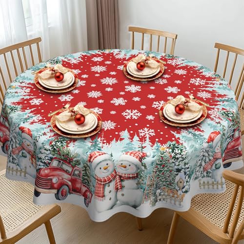 Round Christmas Tablecloth 70x70 Inch, Farmhouse Red Snowman Snowflake Christmas Table Cloth, Polyester Waterproof Wrinkle Resistant Xmas Tables Cover for Holidays Kitchen Dinning Home Decor