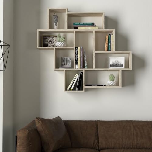 Elegant Wall Shelf, Travertine Colour, 115.5 x 103.5 x 15 cm, 100% Melamine Coated Particle Board, 18 mm Thick, Stylish Storage Solution for Modern Spaces