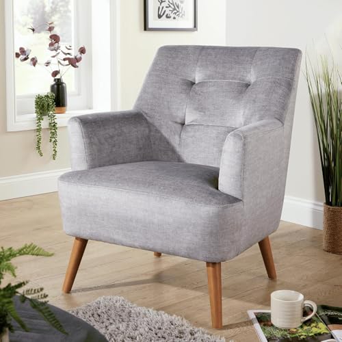 Home Source Accent Armchair – Contemporary Fabric Armchair with Curved Arms, Foam Cushions & Wooden Legs – Comfy Lounge Chair for Living Room, Bedroom or Reading Space (150kg Capacity)