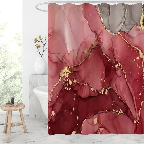 Gibelle Long Fabric Shower Curtain 72x78cm High Abstract Red Marble Shower Curtain Modern Ink Art Waterproof Fabric Shower Curtain Set with Hooks