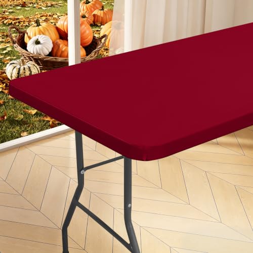 "homing Rectangle Table Cloth Cover, Waterproof Polyester Elastic Fitted Tablecloth, Fits for 8 Foot Folding Tables, Washable Table Protector for Picnic, Camping, Outdoor (Wine Red, 30""x96"")"
