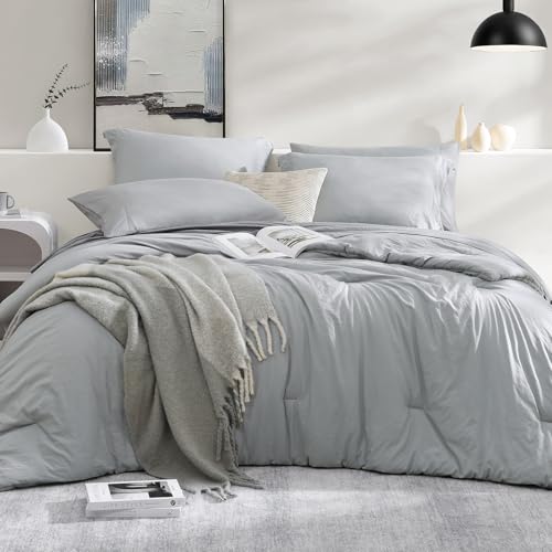 Full Size Comforter Sets-7 Pieces Ultra Soft Bed in a Bag Full Bedding Sets - Prewashed All Season Comforter with Sheets, Pillow Shams & Pillowcases,Light Grey