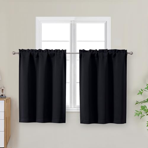 "OWENIE Black Kitchen Curtains 30 Inch Length, Short Blackout Small Thermal Insulated Curtains Tier Over Sink Rod Pocket Half Window for Bathroom Bedroom Camper RV Bunk, 2 Panels, Each 30"" Wx30 L"