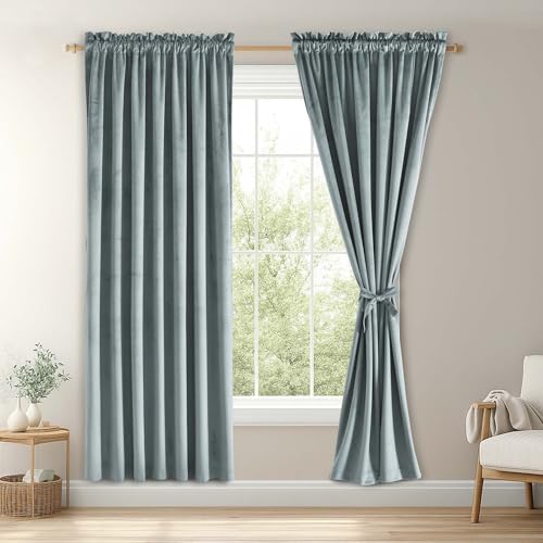 JIUZHEN Stone Blue Velvet Curtains & Drapes Elegant Blue Home Decoration Privacy Protect Room Darkening Rod Pocket Blackout Drapes for Window/Closet/Sliding Door, 2 Panels, W52 x L63