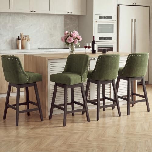 Bar Stools Set of 4, 360° Swivel Upholstered Counter Stools with Back, Wooden Frame Kitchen Bar Chairs with Nailhead Trim, Counter Height for Kitchen Island, Breakfast Bar, Dining Room,Green