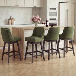 Bar Stools Set of 4, 360° Swivel Upholstered Counter Stools with Back, Wooden Frame Kitchen Bar Chairs with Nailhead Trim, Counter Height for Kitchen Island, Breakfast Bar, Dining Room,Green