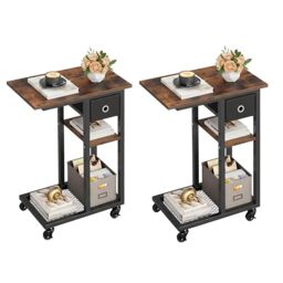 YITAHOME 2PCS Bedside Table, C-Shaped Side Table with Drawer and Wheels