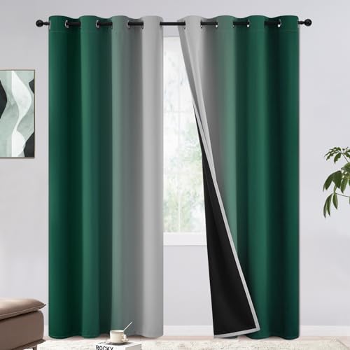 COSVIYA 100% Blackout Curtains & Drapes Ombre Green Curtains 95 inches Long - Full Room Darkening Grommet Gradient Insulated Thermal Window Curtains for Bedroom/Living Room,52Wx95L inches???2 Panels