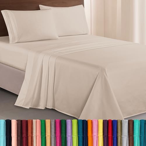 Elegant Comfort Luxurious 1500 Premium Hotel Quality Microfiber Three Line Embroidered Softest 4-Piece Bed Sheet Set, Wrinkle and Fade Resistant, Full, Cream