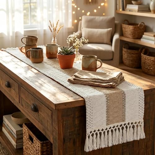 yuboo Boho Coffee Table Runner Short, Small Brown Coffee Table Cover, Dresser Runners for Bedroom, Nightstand, End Table, Fall Farmhouse Table Desk Decor,48 Inches Long