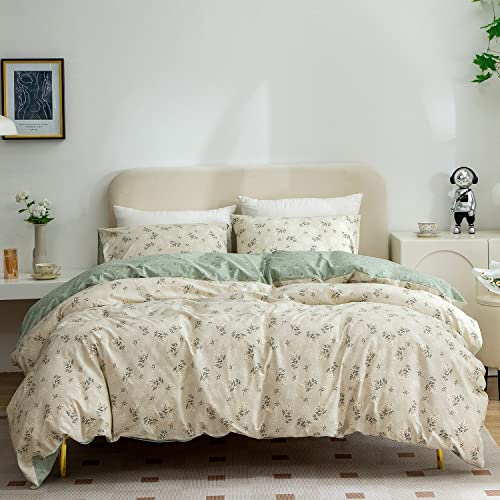 BUPIRD King Comforter Set - Soft Cute Floral Bedding, Green Flower Print Botanical Garden Style, 1 Comforter and 1 Pillowcases for All Seasons