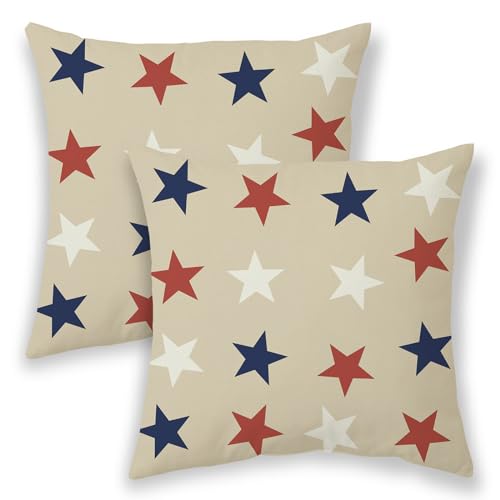 4th of July Pillow Covers 20x20, Memorial Day Patriotic Outdoor Decorative Throw Pillows for Couch, Blue Red White Star Decor Cushion Cover 2 Pcs American Flag Linen Pillowcase for Bed Car Safa