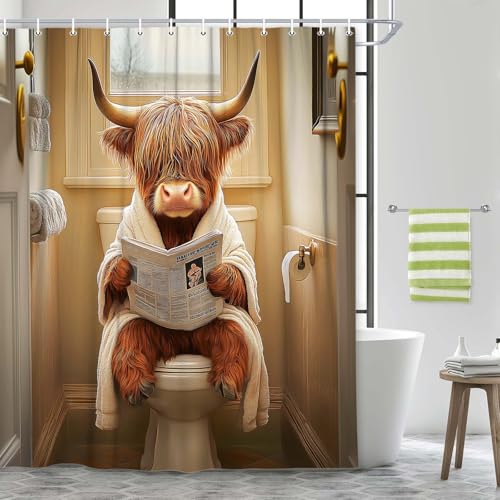 JAWO Funny Highland Cow Shower Curtain, Cute Animal Bathrobe Bull Sitting on Toilet Reading Newspaper Bath Curtain, Polyester Waterproof Fabric Humor Farmhouse Decor Shower Curtain Sets with 12 Hooks