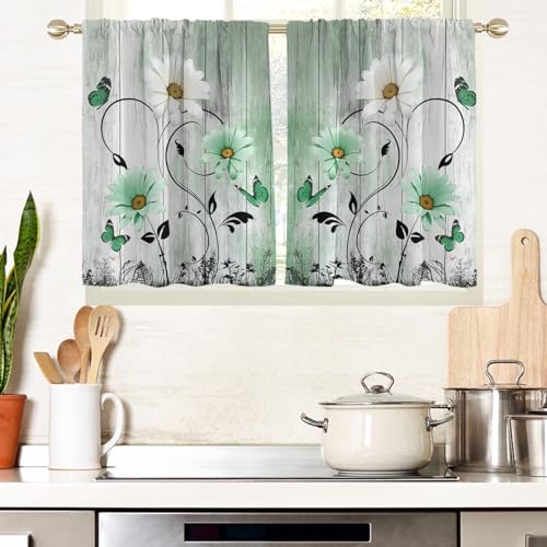 "AAtter Green Floral Kitchen Curtains, 27.5"" W x 36"" L, 2 Panels Rod Pocket - Sage and White Farmhouse Window Drapes, Country Rustic Flower, Cute Vintage Daisy Butterfly, Boho Small Short Bathroom Tiers"