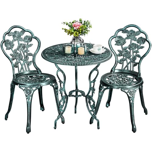 Yaheetech 3-Piece Patio Bistro Set, Outdoor AluminumTable and Chairs, Garden Dinging Furniture, Rose Design for Balcony, Porch, Lawn, Pool, Green